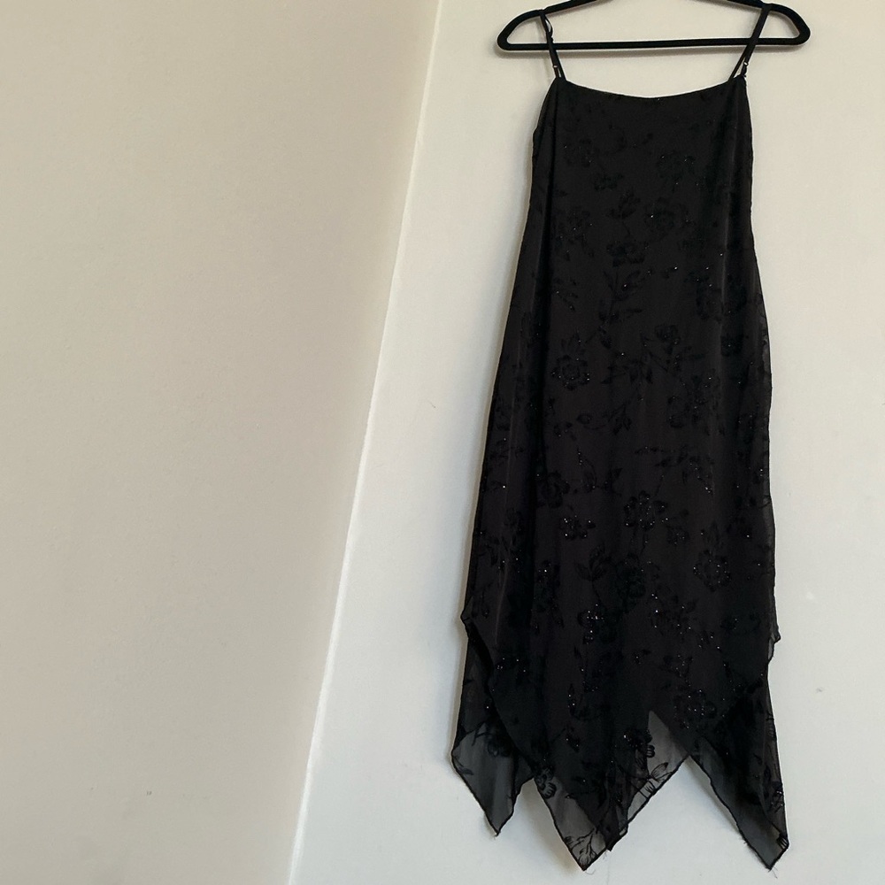 City Triangles Black Sheer Floral Midi Dress Handkerchief Hem Y2K Fairycore